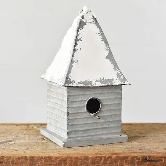 White & Silver Tin Vintage Chateau Hanging Metal Birdhouse