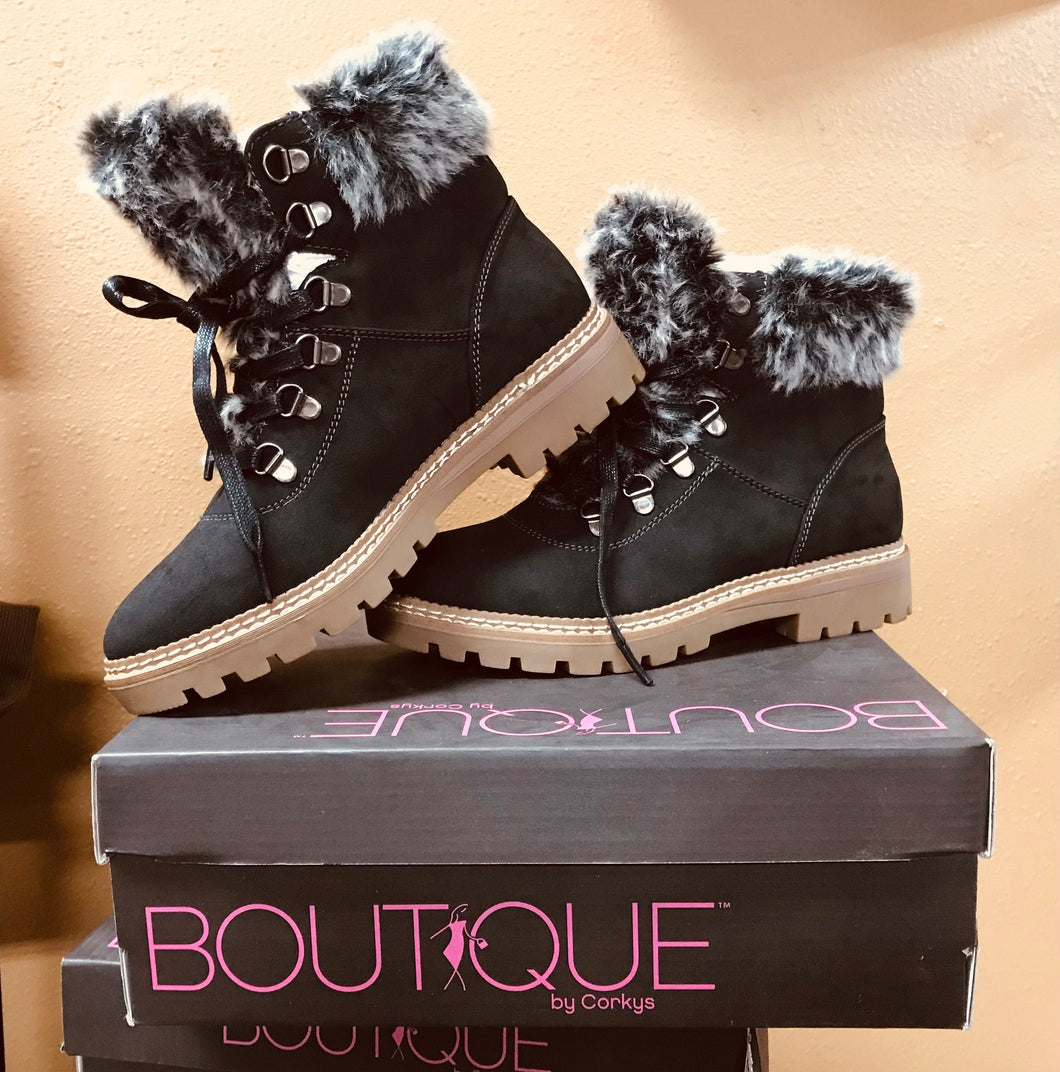 Corkys Challenge Black Boots | Women’s Black suede boots |  Fur Trim