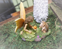 Load image into Gallery viewer, Girl Fairy with her Woodland Friend the Hedgehog sharing a snack Fairy Garden DIY Miniature Dollhouse Accessory MG374