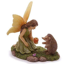 Load image into Gallery viewer, Girl Fairy with her Woodland Friend the Hedgehog sharing a snack Fairy Garden DIY Miniature Dollhouse Accessory MG374
