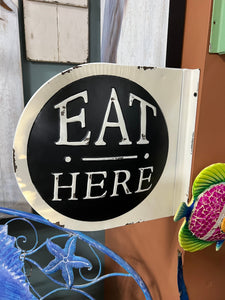 Eat Here | Metal wall hanging | Vintage retro look | Round | Double sided | 3-D | Perfect sign for Outdoor Patio Grilling | Indoor Outdoor