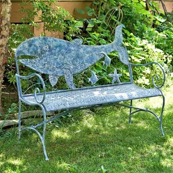 Metal Whale Bench | Nautical Bench | Whale designed bench | Free Shipping | Blue Vintage Look | Full Size | Coastal Iron Bench