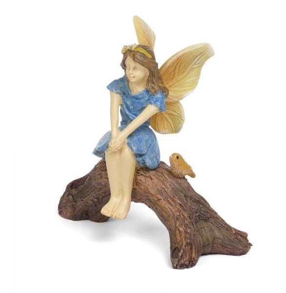 Miniature Girl Fairy Daydreaming on a log with her Bird Friend for Fairy Garden