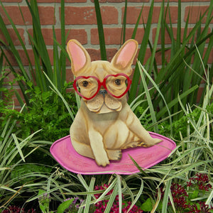 Frenchie Bulldog with heart shaped glasses Valentines Day Garden Stake |  12 inches