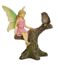 Load image into Gallery viewer, Miniature Fairy Girl in a tree branch making friends with an Owl  Fairy Garden Dollhouse Miniature Accessory  MG329