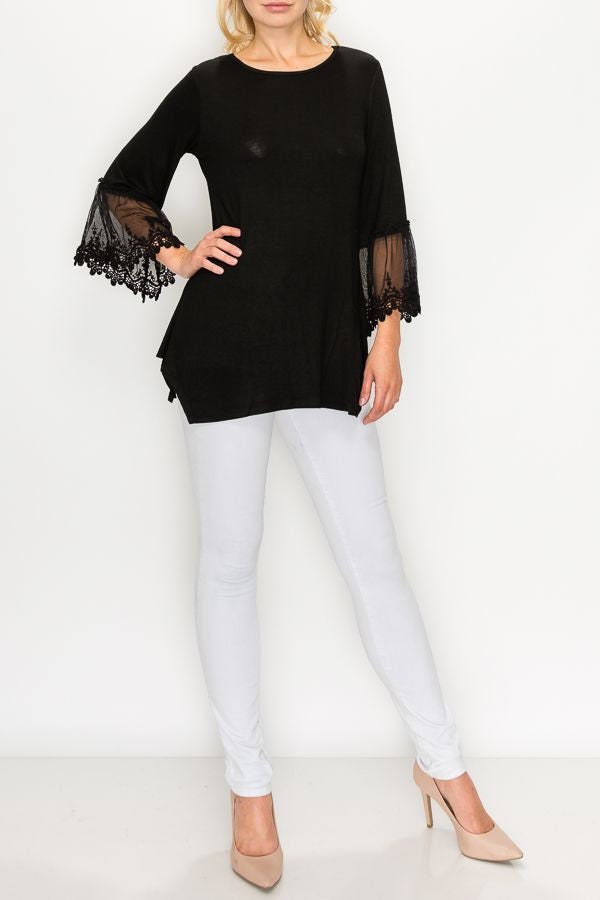 Black 3/4 sleeve lacey trim top Flowing S - 2XL