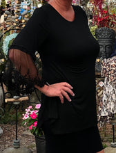 Load image into Gallery viewer, Black Top with Bell Lace Sleeves 3/4 Flowing Sizes Small to 2XL
