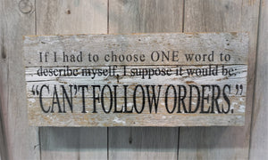 If I had to choose ONE word to describe myself, I suppose it would be "Can't Follow Orders.  Fun sign for office or home.