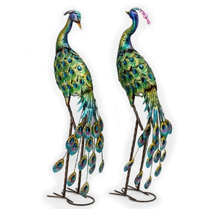 Set of 2 peacocks | blue and green metallic with gems | 40" tall | indoor/outdoor | statue