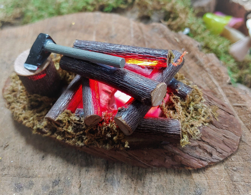Miniature Fire Pit with Axe with light up Realistic Camp Fire