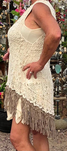 Crochet sleeveless Duster Natural Origami cardigan jacket with leather fringe Plus Sizes Available