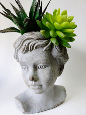 Weathered Cast Cement Young Boy Child Bust Indoor Outdoor Head Plant Pot Planter