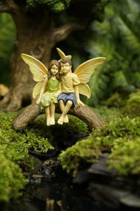 Friends, Brother and Sister, Boy and Girl Fairy sitting together on a log bridge Dollhouse Miniature Fairy Garden Accessory