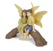 Load image into Gallery viewer, Friends, Brother and Sister, Boy and Girl Fairy sitting together on a log bridge Dollhouse Miniature Fairy Garden Accessory