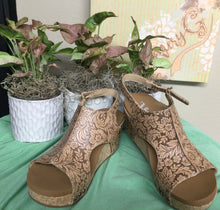 Load image into Gallery viewer, Comfortable Wedge Sandal brown scroll floral design &quot;Liberty Tooled&quot; by Very G for Women