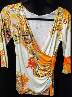 Women's Wrap Orange Print Boutique V Neck Shirt