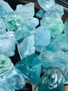Fire Pit Propane Large Glass Faux Rocks of sea glass light blue and green hues