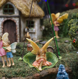 Girl Fairy swinging on a Leaf Swing for fairy garden or doll house