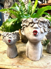 Load image into Gallery viewer, Large kissing women head planter | red lips and glitter | face pot | concrete statue 10&quot;