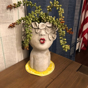 Large kissing women head planter | red lips and glitter | face pot | concrete statue 10"