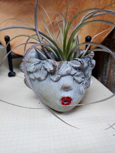 Kissing Face Red Lips Weathered Finish Concrete Head Mini Planter for Succulents