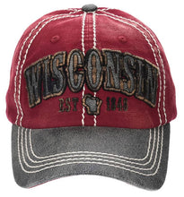 Load image into Gallery viewer, Wisconsin original two tone red and charcoal baseball hat | robin ruth design | unisex | distressed look cap wisconsin proud gift