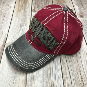 Wisconsin original two tone red and charcoal baseball hat | robin ruth design | unisex | distressed look cap wisconsin proud gift