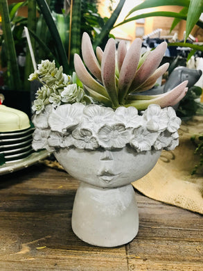 Cement indoor outdoor Girl with a flower crown planter pot. Small in size and unique design.  Ideal for succulents.