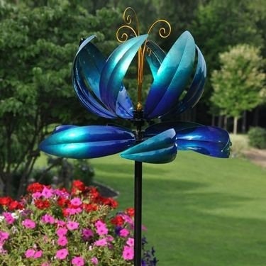 Floral Fantasy Blue Green Kinetic Garden Wind Spinner Garden Art Sculpture HH182