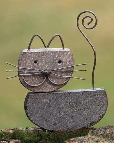 Stone and metal kitty | natural river rock | yard art