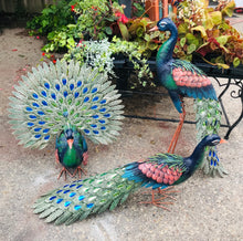 Load image into Gallery viewer, Dark Blue and Jeweled Metal Peacock Statues | Garden Art Decor Indoor Outdoor Stately and Beautiful