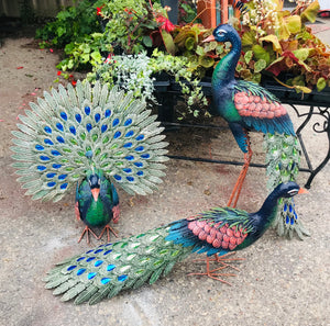 Dark Blue and Jeweled Metal Peacock Statues | Garden Art Decor Indoor Outdoor Stately and Beautiful