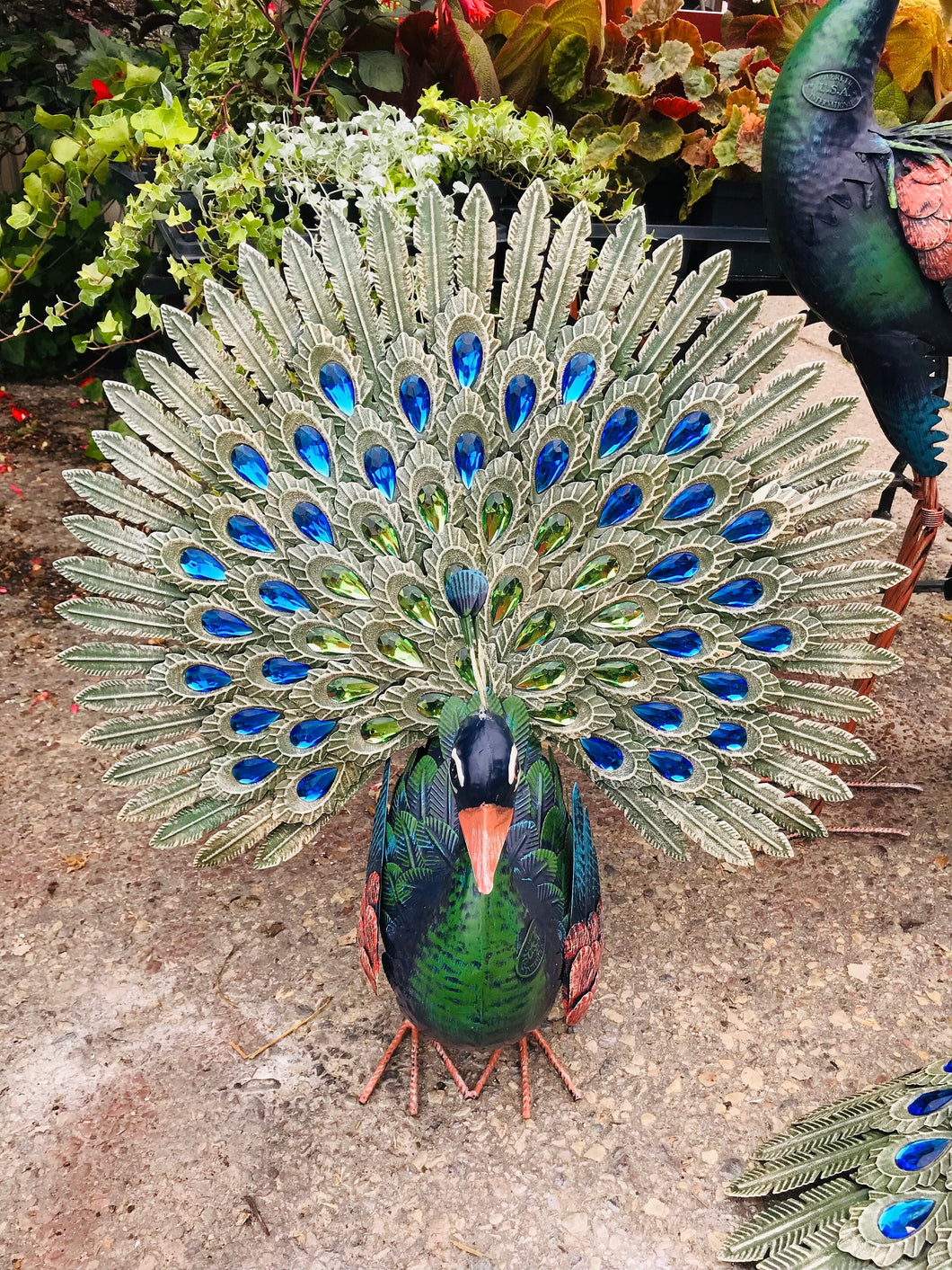 Dark Blue Jeweled Metal Peacock Statues Garden Art Decor Indoor Outdoor
