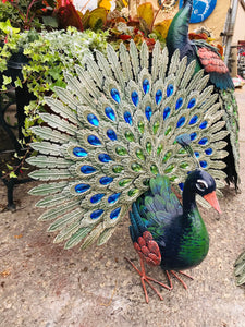 Dark Blue and Jeweled Metal Peacock Statues | Garden Art Decor Indoor Outdoor Stately and Beautiful