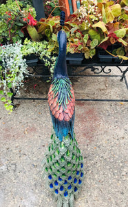 Dark Blue Jeweled Metal Peacock Statues Garden Art Decor Indoor Outdoor