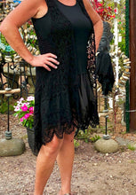 Load image into Gallery viewer, Crochet and lace sleeveless duster black origami cardigan jacket | small to 3x