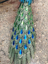 Load image into Gallery viewer, Dark Blue and Jeweled Metal Peacock Statues | Garden Art Decor Indoor Outdoor Stately and Beautiful