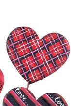 Load image into Gallery viewer, Red and black plaid patterned metal garden stake in the shape of a heart