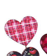 Load image into Gallery viewer, Pink, white and black plaid metal heart shaped garden stake for Valentine&#39;s Day