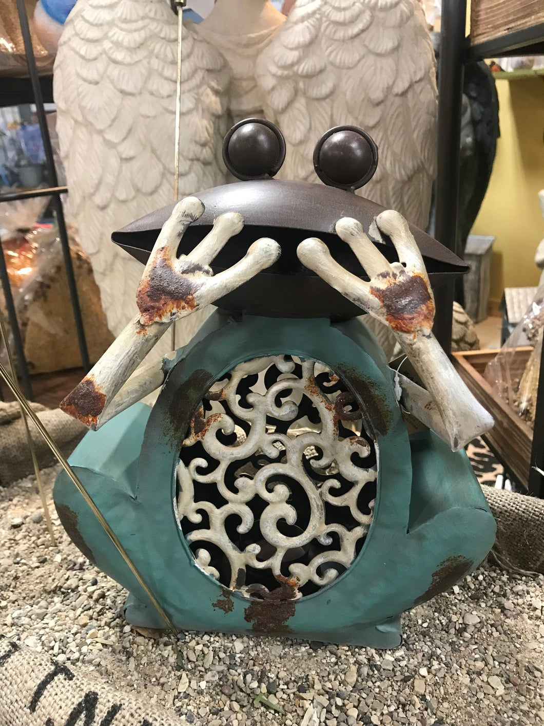 Metal frog figurine Rustic finish outdoor tea light candle holder gift for her in the garden