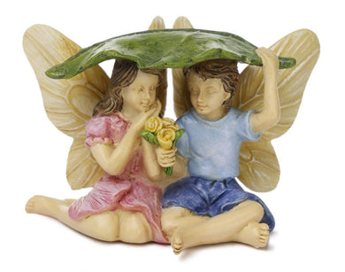 Brother & Sister Friends Boy and Girl Fairies Taking Cover from the Rain in a leaf umbrella | MG275 | Fairy Garden Accessory Figurine
