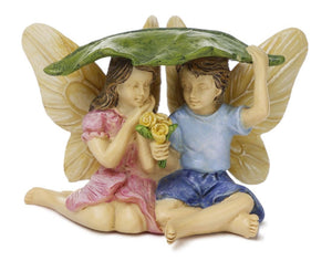 Brother & Sister Friends Boy and Girl Fairies Taking Cover from the Rain in a leaf umbrella | MG275 | Fairy Garden Accessory Figurine
