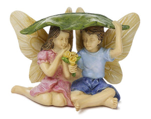 Brother & Sister Fairies Taking Cover Miniature Fairy Garden Dollhouse Accessory