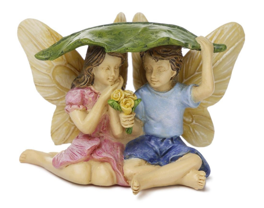 Brother & Sister Friends Boy and Girl Fairies Taking Cover from the Rain in a leaf umbrella | MG275 | Fairy Garden Accessory Figurine