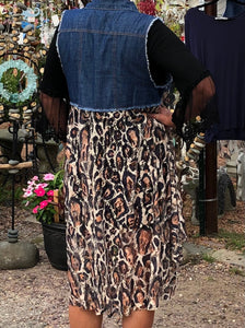 Sleeveless denim and leopard print lace jean vest | long & flowing | small to 3xl