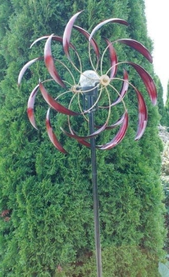 Red solar kinetic wind spinner for back yard very tall garden decor present or gift for new home or thank you | hh105