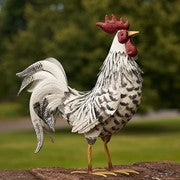 Large Metal Rooster Statue White with black spots