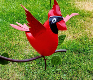 Outdoor Balancing Cardinal Stake | Kinetic Sculpture | Garden Tippers | Yard Art | one cardinal on a branch