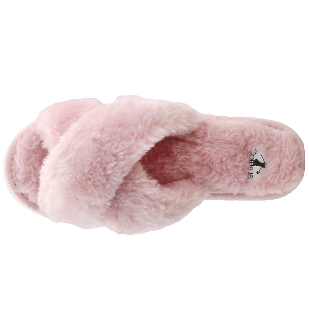Women's Pink Faux Fur slipper | Soft and Comfy | Criss Cross | warm | Fluffy