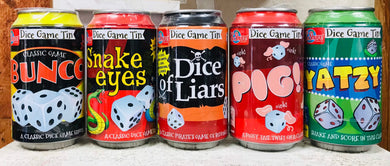 Pig, Yatzy, Liars Dice, Snake eyes, and Bunce Traveling tin can dice games for family game night or airport fun for layovers